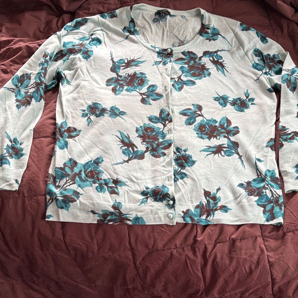 Talbots Teal and Brown Floral Cardigan